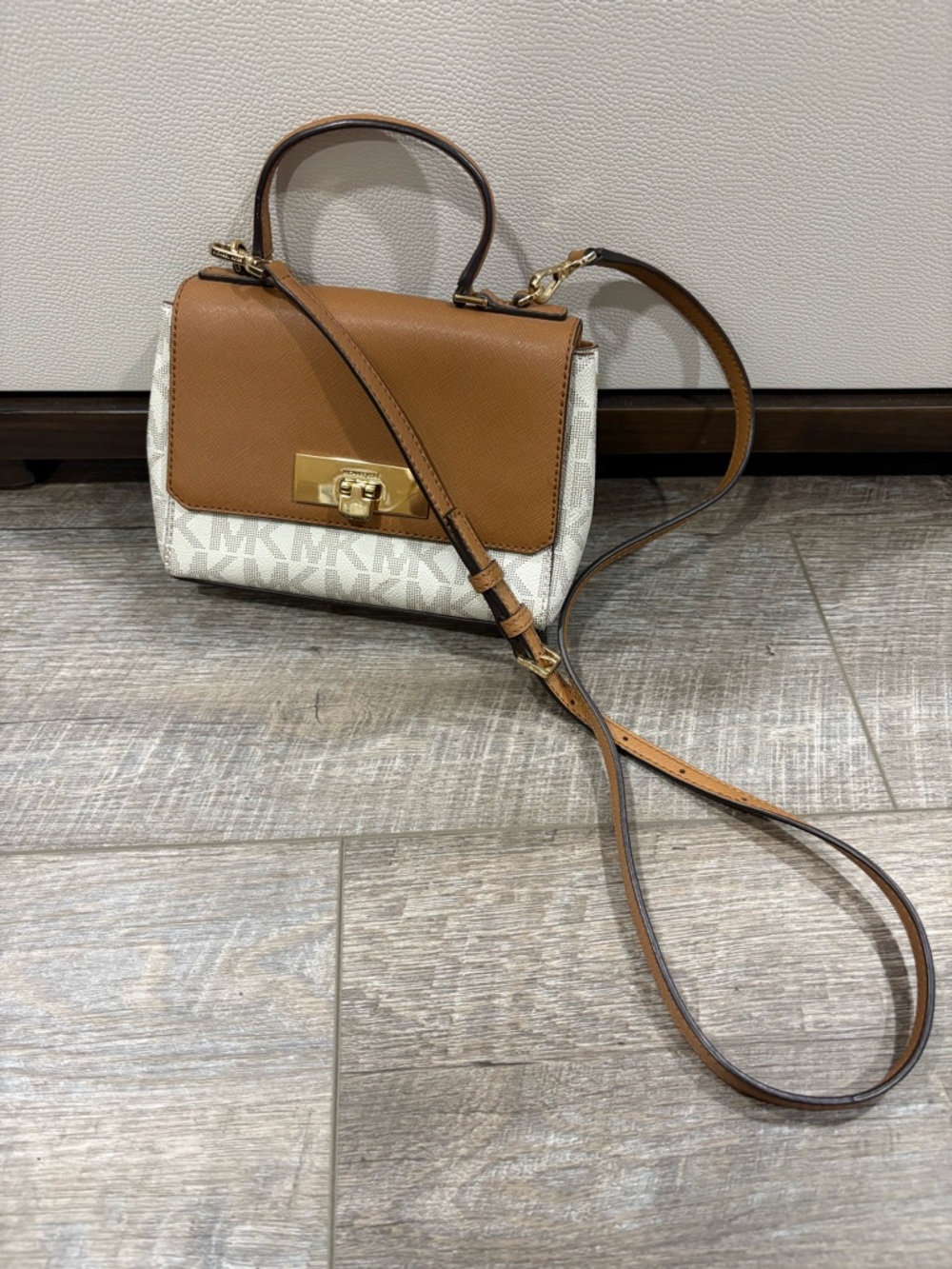 Michael Kors Tan & White Logo Leather Crossbody Satchel